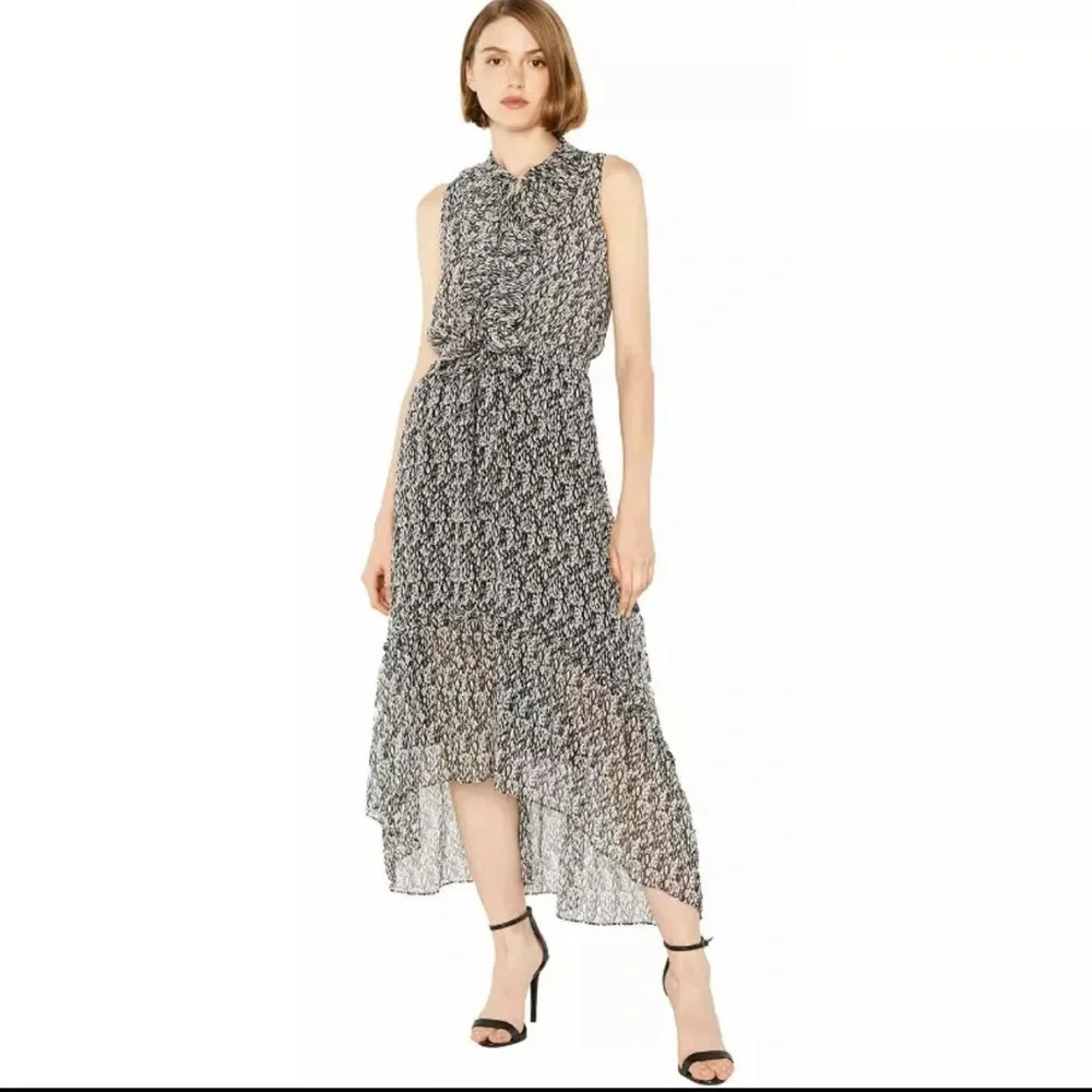 Misa Audra Printed Black Midi Dress with Ruffle Detail and Asymmetricl Hem XS